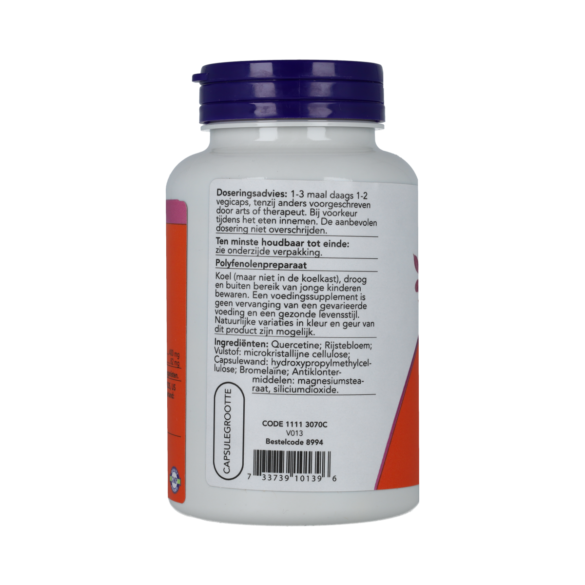 NOW Quercetin with bromelain vegetarian capsules, showing the supplement bottles and capsules in a natural setting.