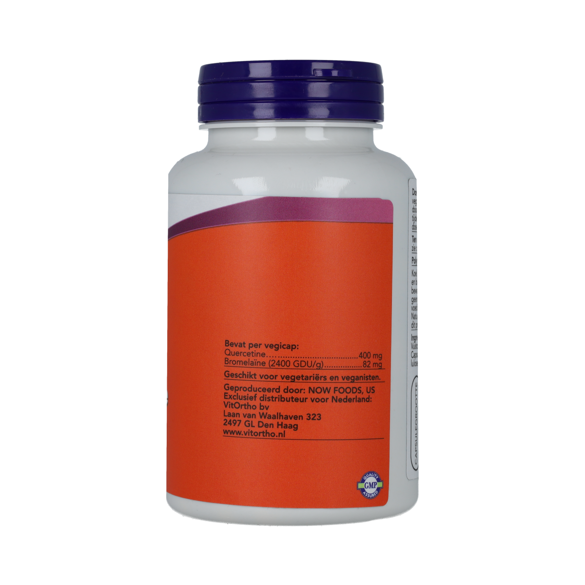 Vegetarian NOW Quercetin with Bromelain capsules in a white bottle, herbal supplement for immune support.