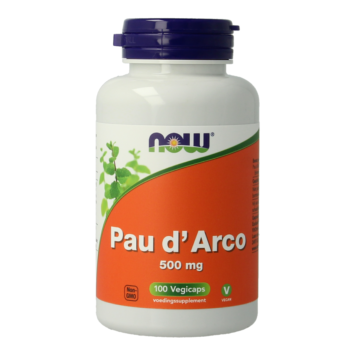 NOW Pau d'Arco 500mg vegetarian capsules, herbal supplement in a clear bottle with yellow cap and label.