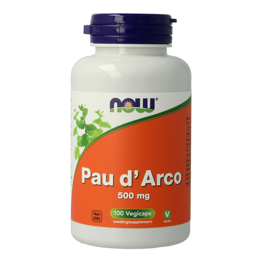 NOW Pau d'Arco 500mg vegetarian capsules, herbal supplement in a clear bottle with yellow cap and label.
