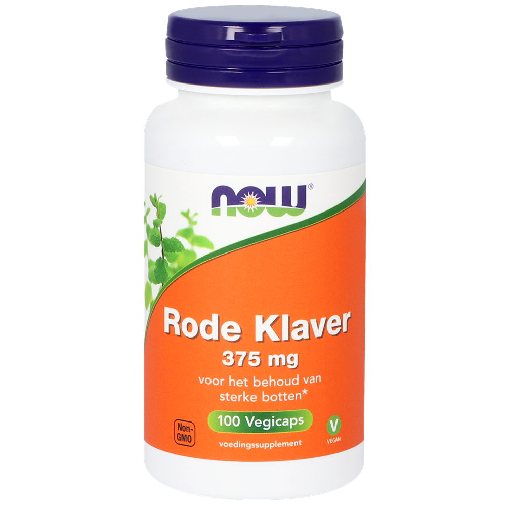 NOW Rode Klaver 375mg vegetarian capsules, herbal supplement in a clear bottle with a white label, displayed on a plain background.