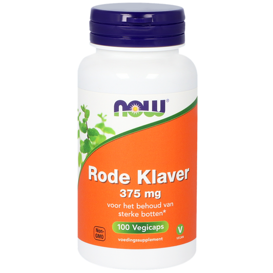 NOW Rode Klaver 375mg vegetarian capsules, herbal supplement in a clear bottle with a white label, displayed on a plain background.