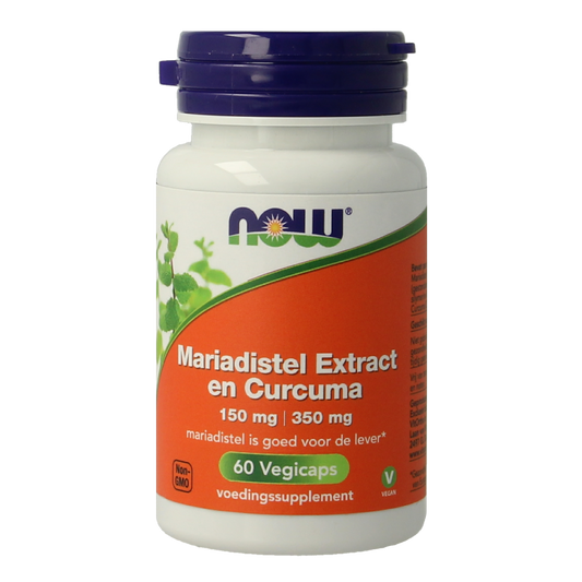 NOW Mariadistel en curcuma kruidenpreparaat in vegetarische capsules, herbal supplement with milk thistle and turmeric.