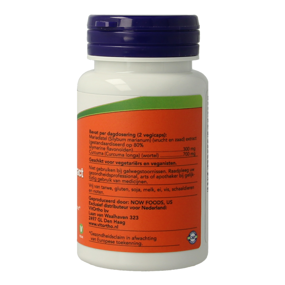 NOW Mariadistel extract and turmeric vegetarian capsules, herbal supplement in a clear plastic bottle with label.