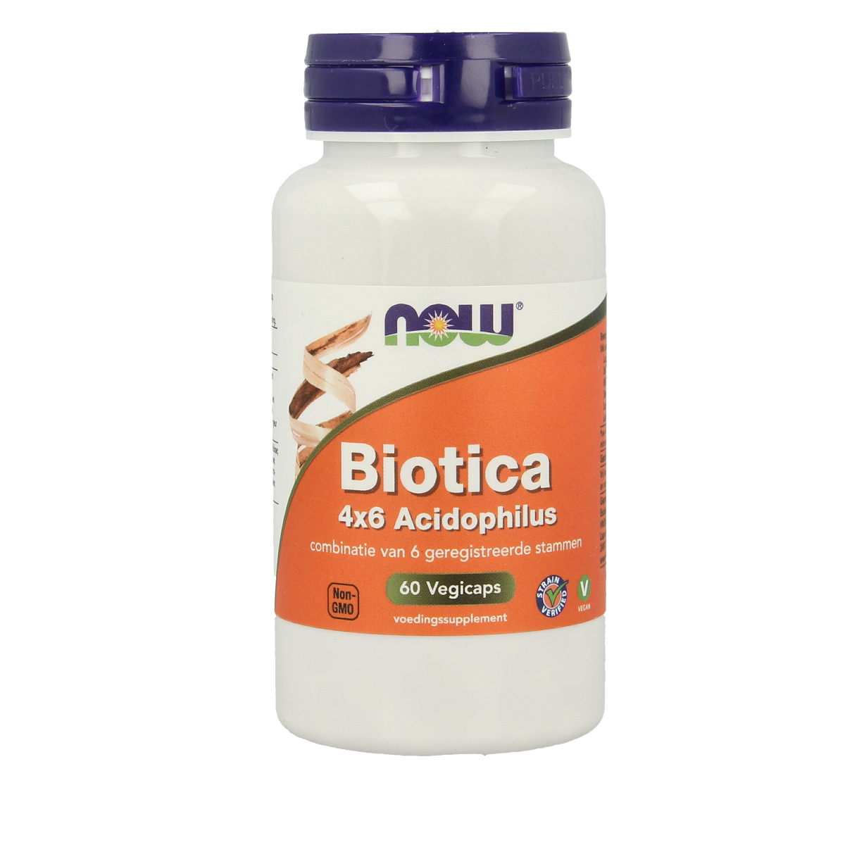 NOW Biotica 4x6 acidophilus vegetarian capsules, probiotic supplement featuring micro-organisms in a clear bottle.