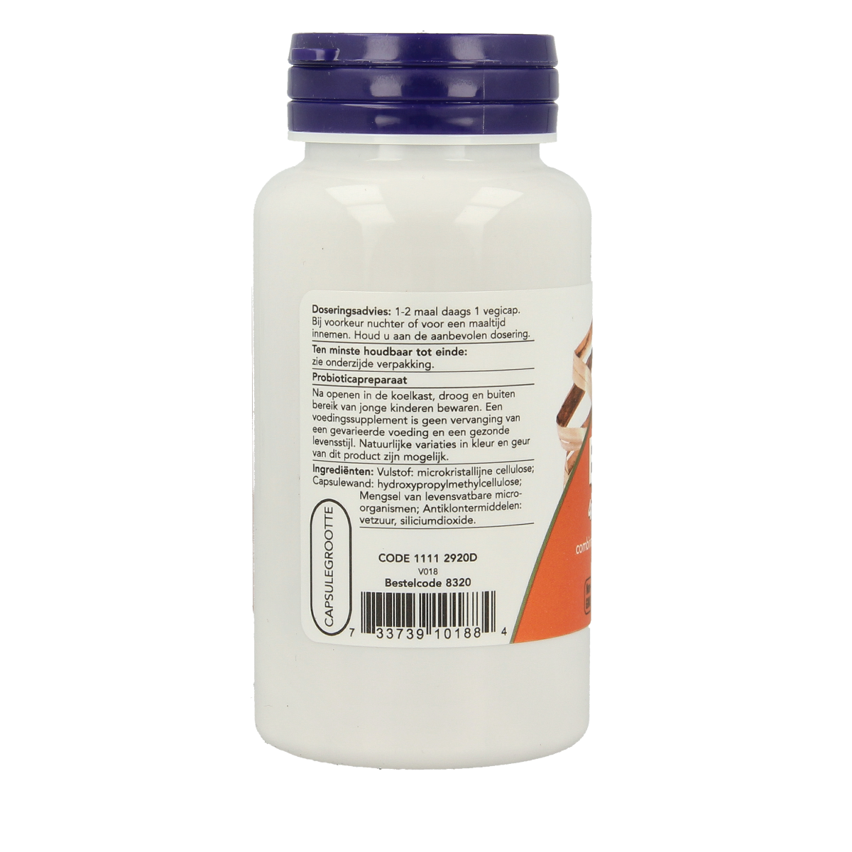 NOW Biotica 4x6 acidophilus vegetarian capsules containing micro-organisms for digestive health, shown in a bottle with capsules.