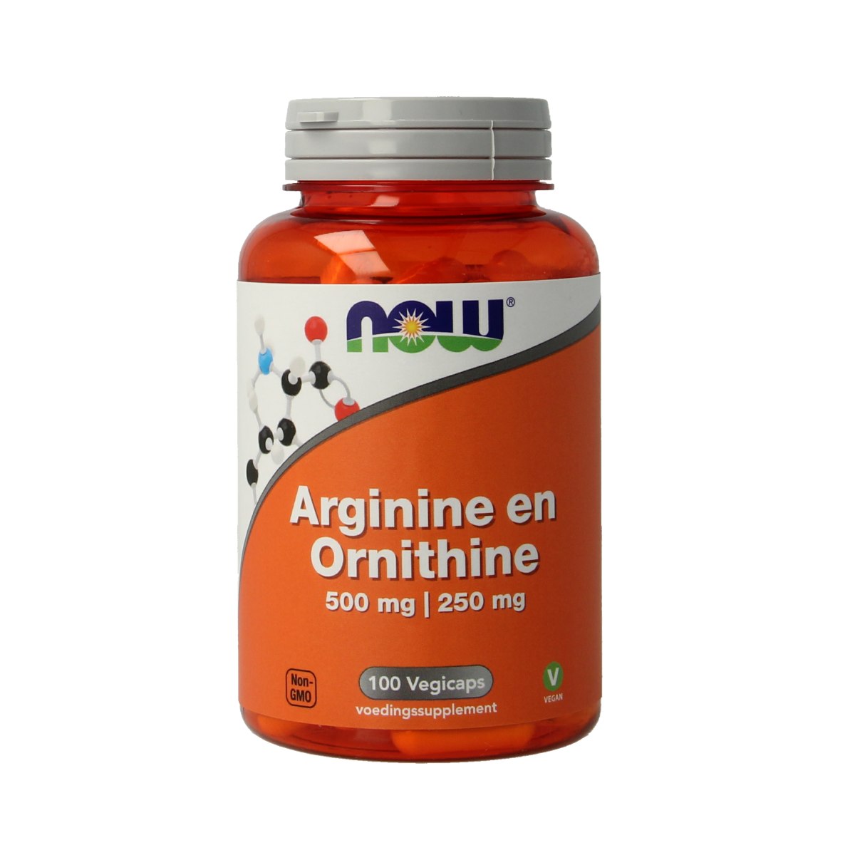 Vegetarian NOW Amino acids capsules with Arginine and Ornithine 500/250mg, dietary supplement in clear capsule form.