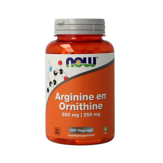 Vegetarian NOW Amino acids capsules with Arginine and Ornithine 500/250mg, dietary supplement in clear capsule form.