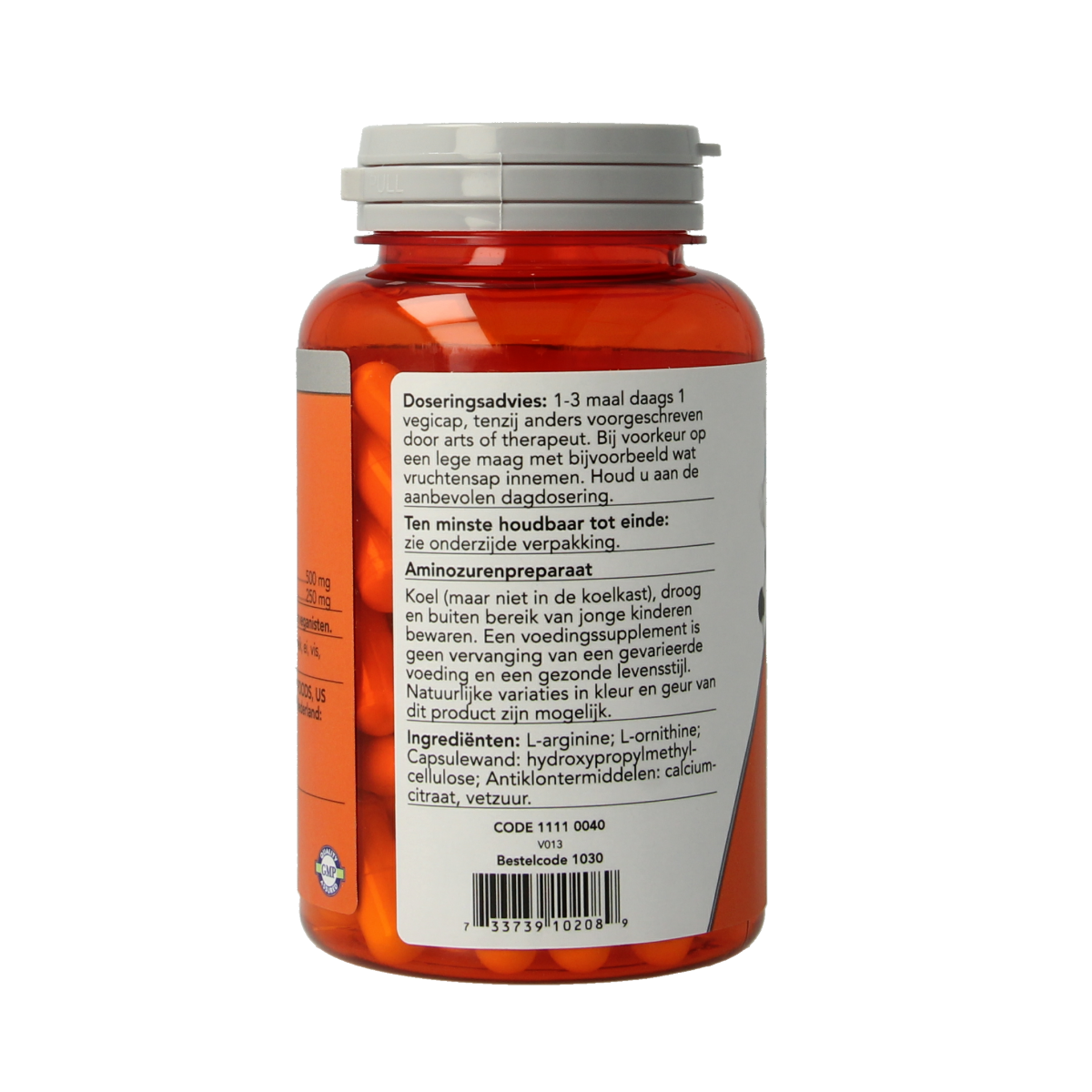 NOW Arginine and Ornithine amino acid capsules, vegetarian, 500/250mg, supplement in a clear capsule bottle.