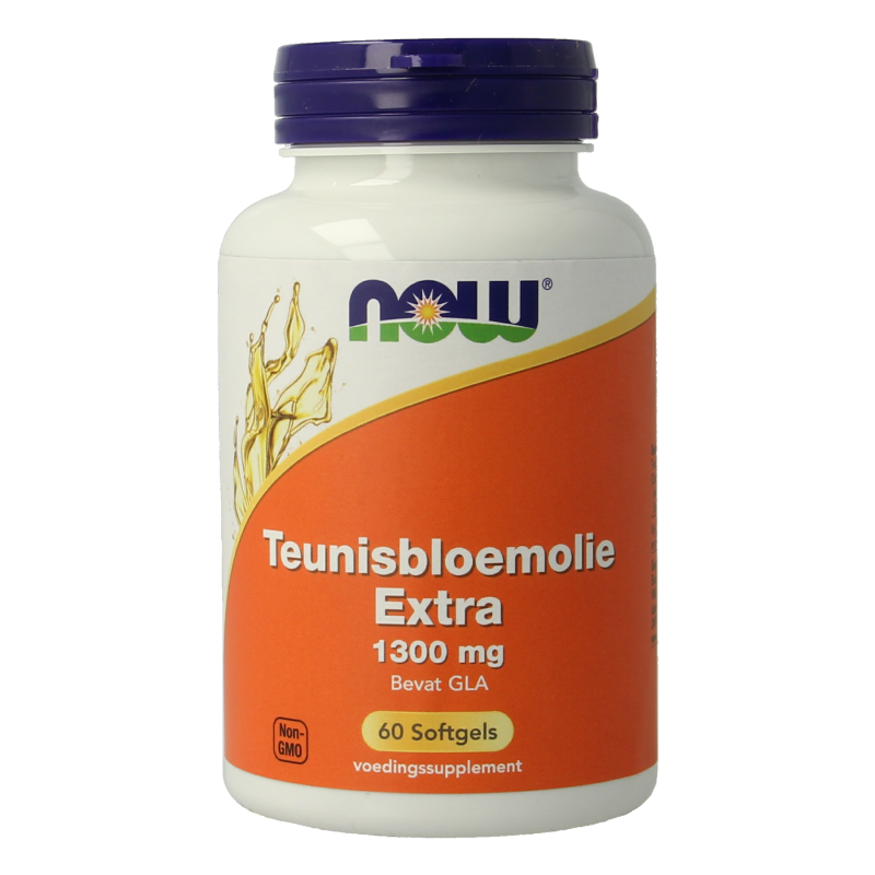 NOW Teunisbloemolie extra softgels in a bottle, 1300mg, 60 softgels, dietary supplement for healthy skin and overall wellness.