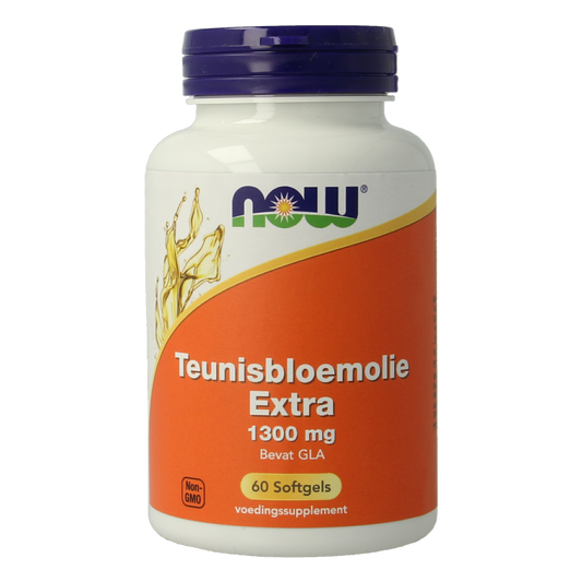 NOW Teunisbloemolie extra softgels in a bottle, 1300mg, 60 softgels, dietary supplement for healthy skin and overall wellness.