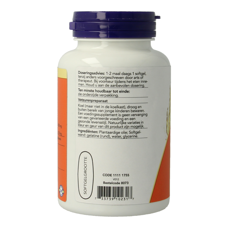 NOW Teunisbloemolie extra 1300mg softgels for healthy skin and omega fatty acids, shown in a bottle with softgel capsules.