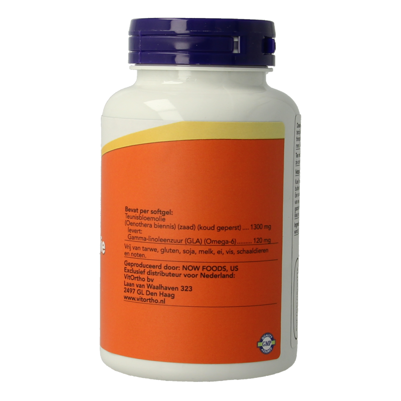 NOW Teunisbloemolie extra 1300mg softgels, dietary supplement with omega fatty acids in a clear bottle.