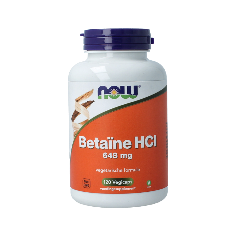 NOW Betaine HCL 648mg vegetarian capsules, dietary supplement, with amino acids, in a clear bottle with capsules visible.