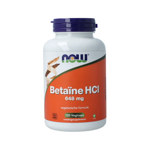 NOW Betaine HCL 648mg vegetarian capsules, dietary supplement, with amino acids, in a clear bottle with capsules visible.