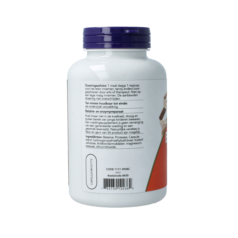 NOW Betaine HCL 648mg vegetarian capsules, dietary supplement for digestion, arranged in a clear bottle with label visible.