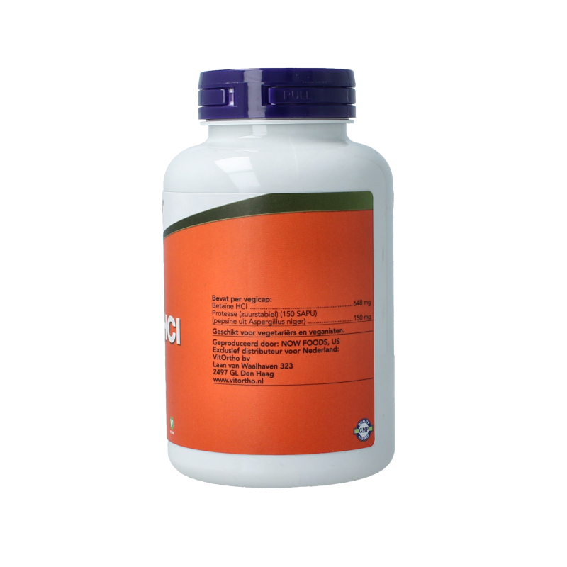 NOW Betaine HCL 648mg vegetarian capsules, dietary supplement with amino acids, shown in a clear bottle with capsules inside.
