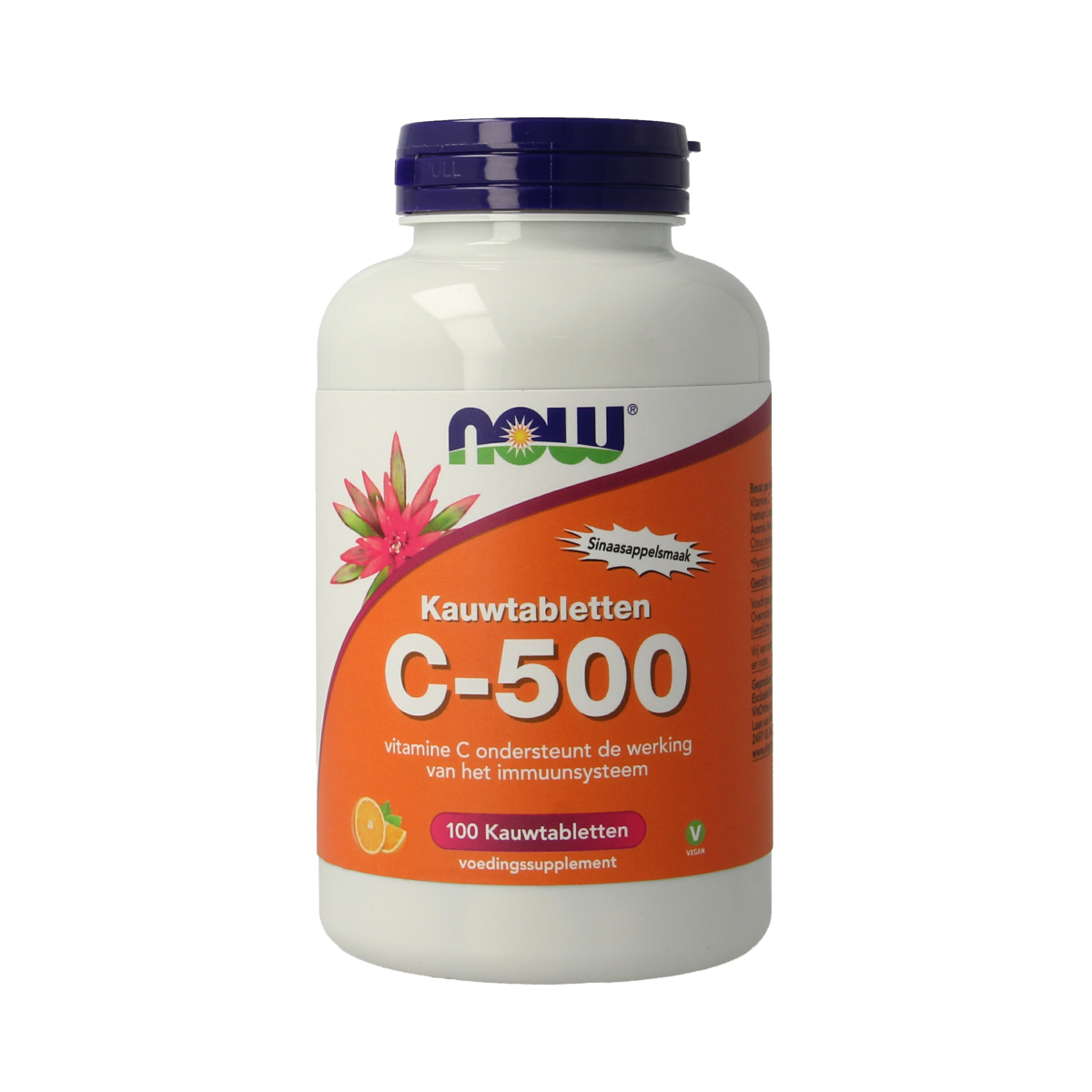 NOW C-500 chewable vitamin tablets with orange flavor, 100 count, in a natural orange-colored packaging.