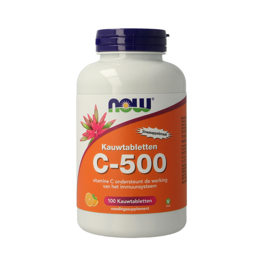 NOW C-500 chewable vitamin tablets with orange flavor, 100 count, in a natural orange-colored packaging.