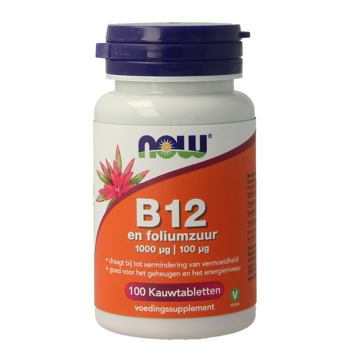 NOW Vitamine B12 1000mcg and Foliumzuur 100mcg chewable tablets in a blister pack for dietary supplement use