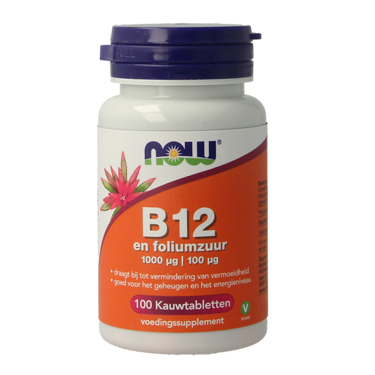 NOW Vitamine B12 1000mcg and Foliumzuur 100mcg chewable tablets in a blister pack for dietary supplement use