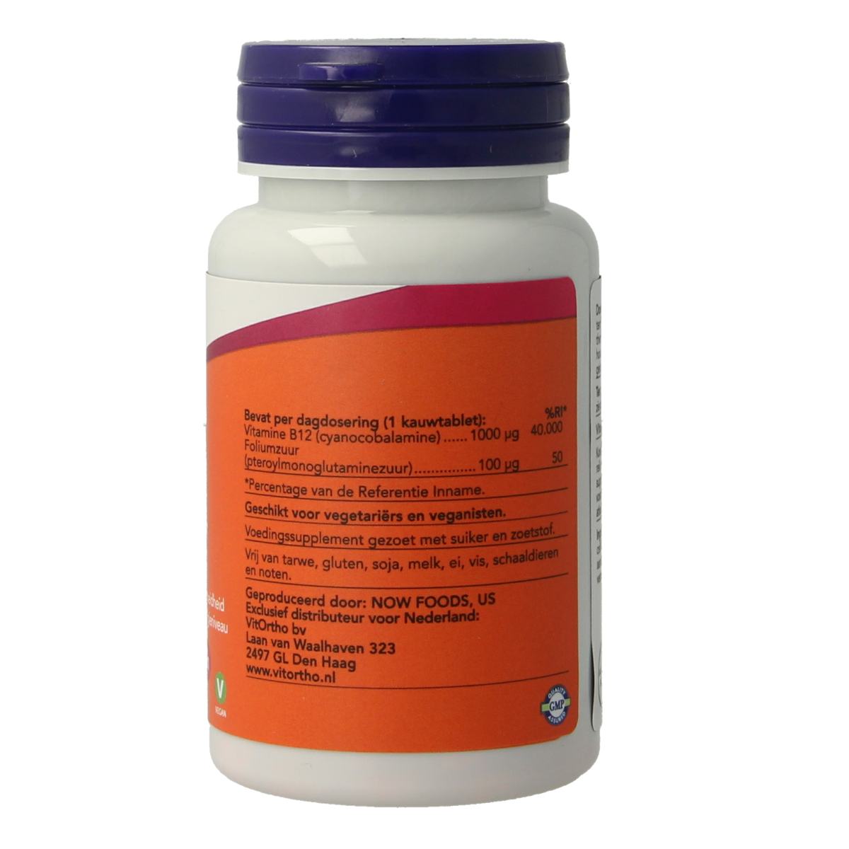 NOW Vitamine B12 1000mcg and Foliumzuur 100mcg chewable tablets, dietary supplement with orange flavor in a blister pack
