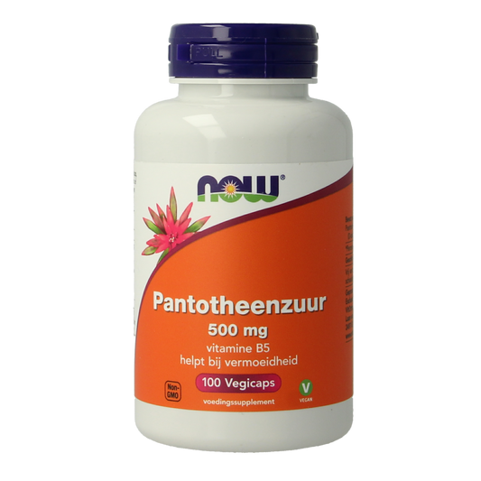 NOW Vitamin B5 Pantothenic Acid 500mg vegetarian capsules, close-up of the supplement bottle and capsules.