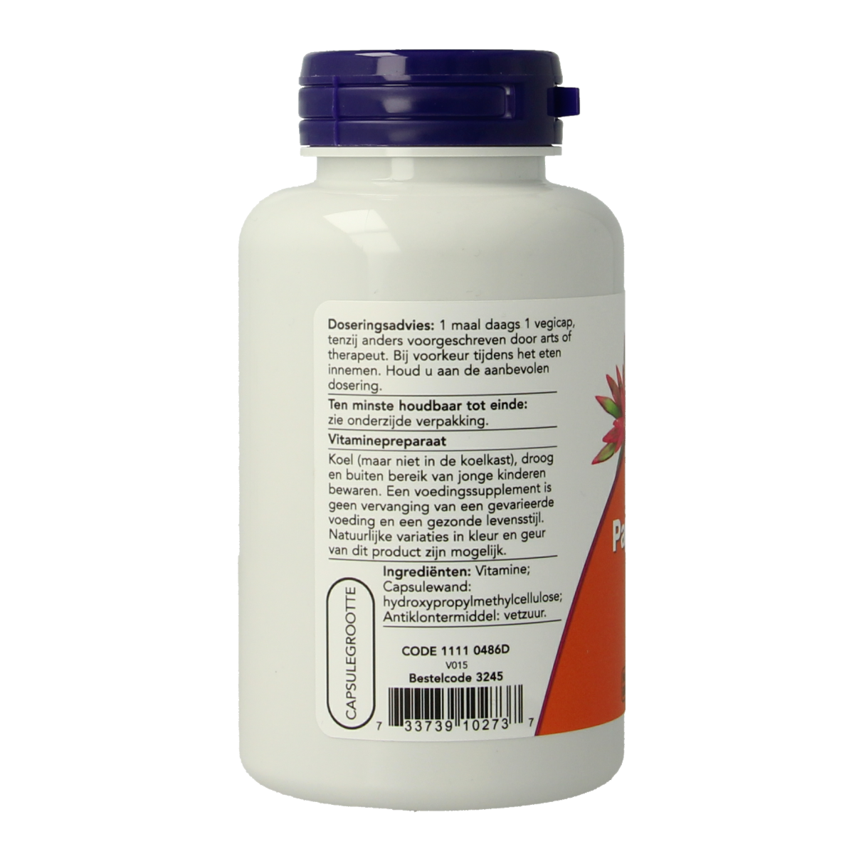 Vegetarian NOW Pantothenic Acid 500mg vitamin capsules in a white bottle, showing the supplement for energy and metabolism support
