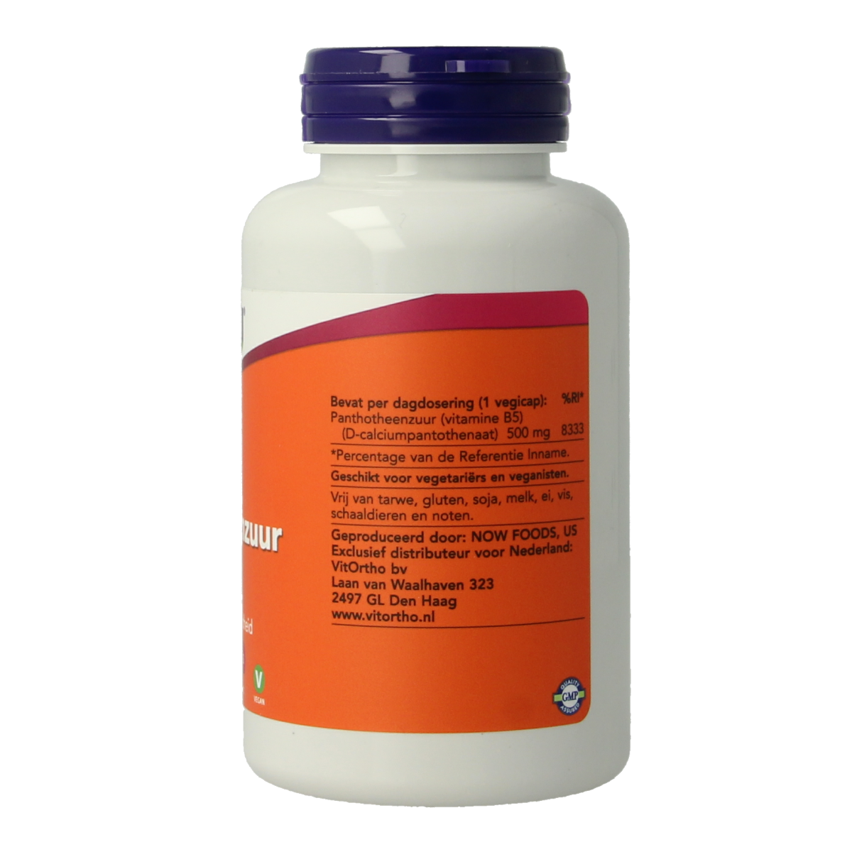 Vegetarische capsules van NOW Pantotheenzuur 500mg (B5) vitamine supplement, volle verpakking met 100 capsules.