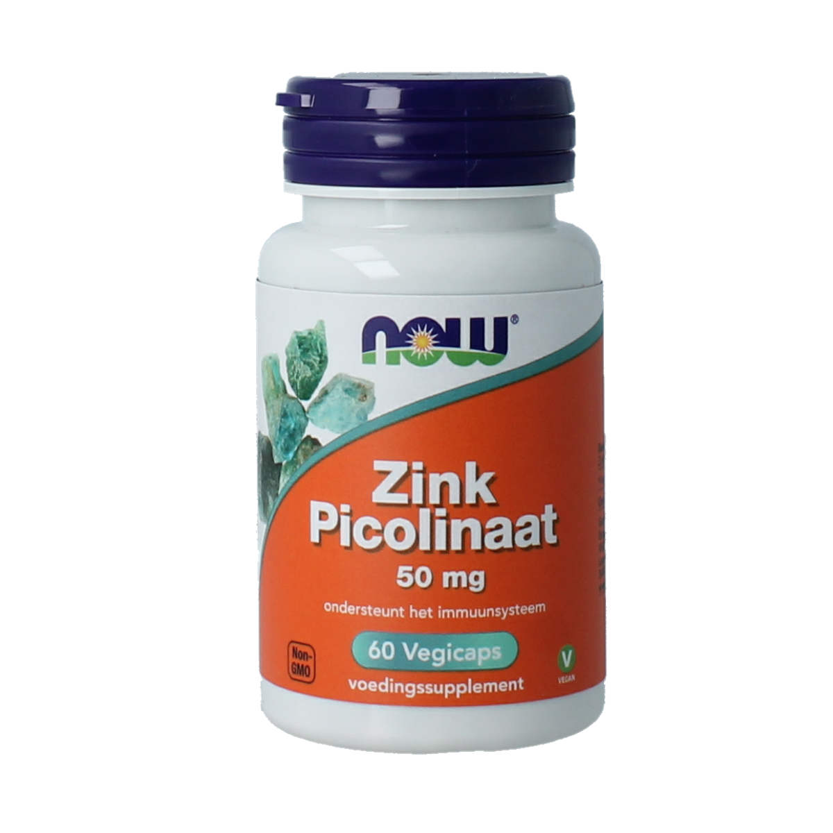 NOW Zink Picolinaat 50mg mineral capsules in vegetarian form, showing the supplement bottle and capsules inside.