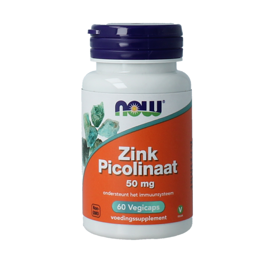 NOW Zink Picolinaat 50mg mineral capsules in vegetarian form, showing the supplement bottle and capsules inside.