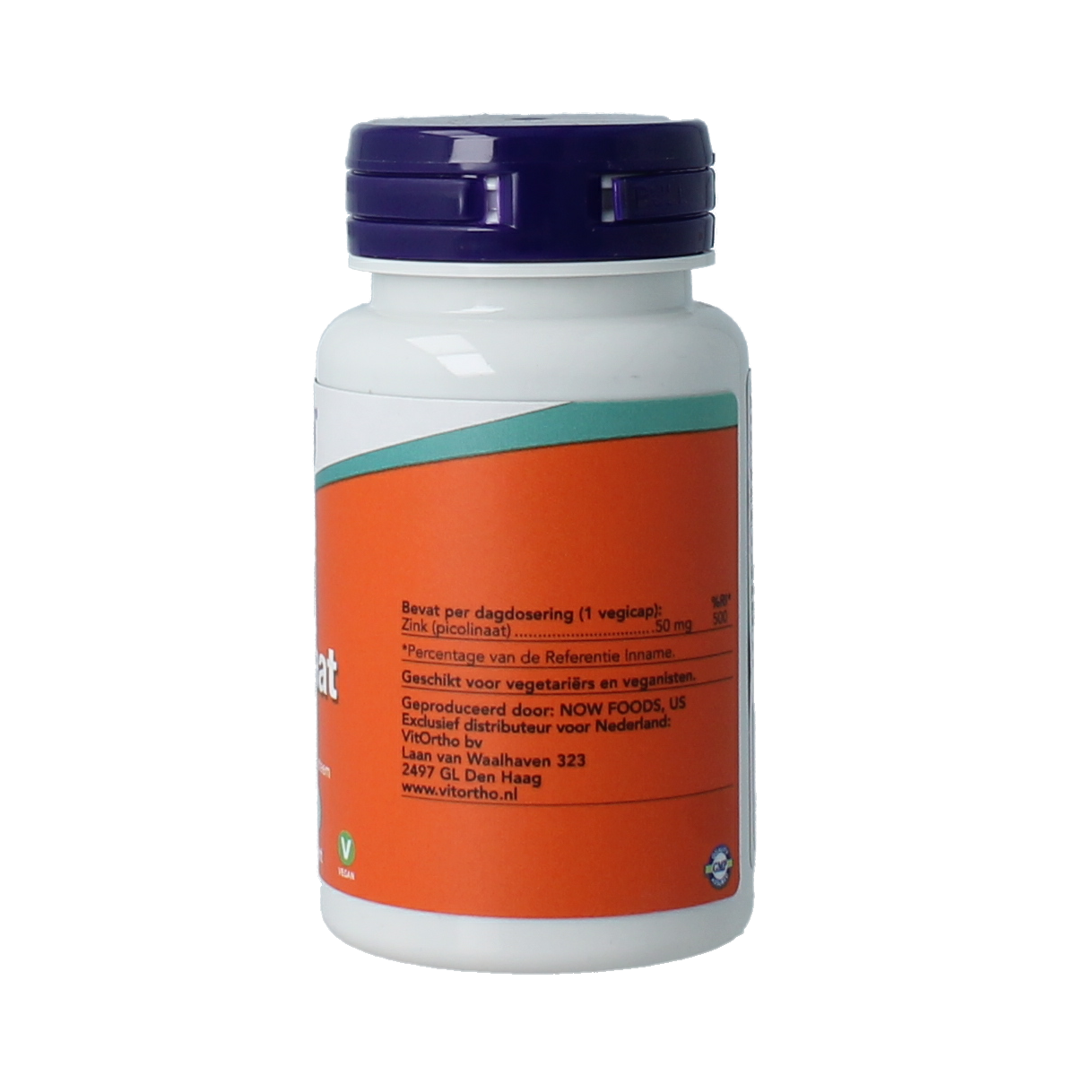 NOW Zink Picolinaat 50mg vegetarian capsules, showing the supplement bottle with label and capsules inside.