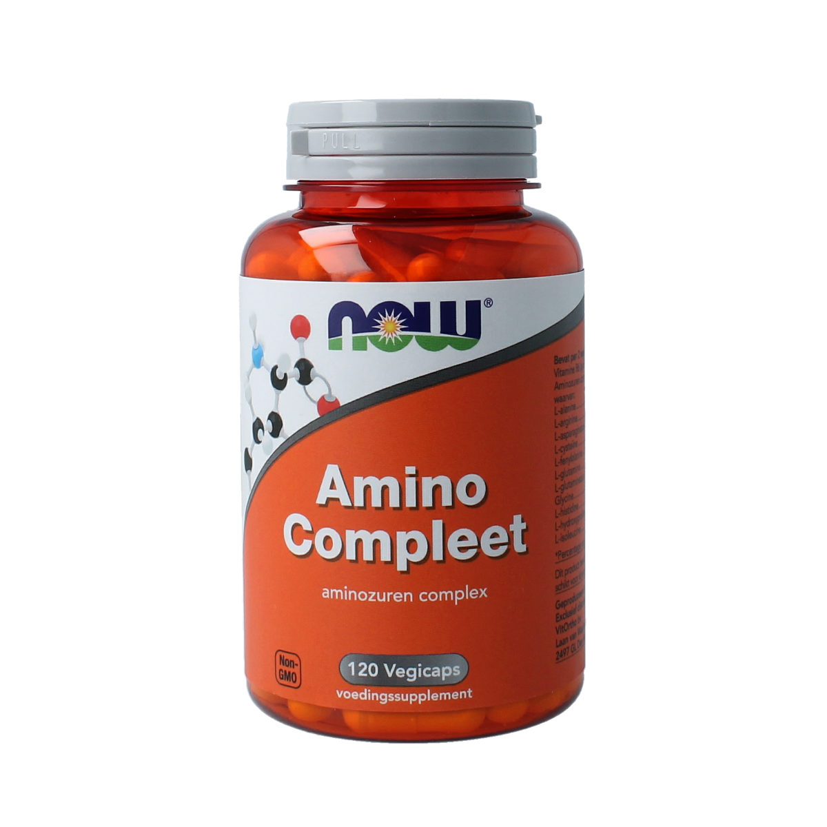 NOW Amino Compleet vegetarian capsules, dietary supplement with amino acids, in a white bottle with colorful label.