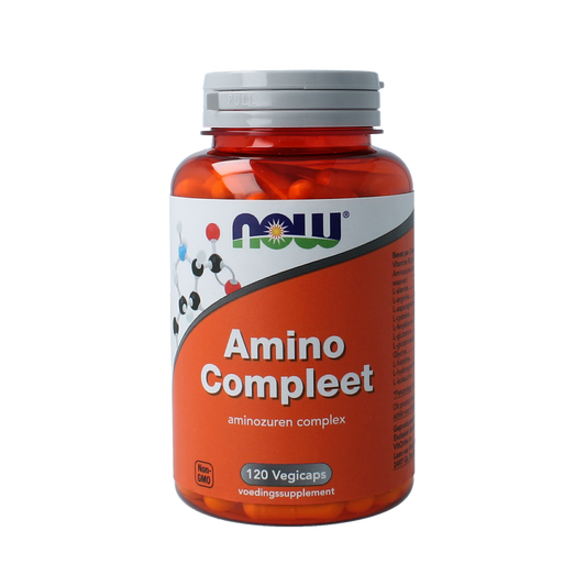 NOW Amino Compleet vegetarian capsules, dietary supplement with amino acids, in a white bottle with colorful label.