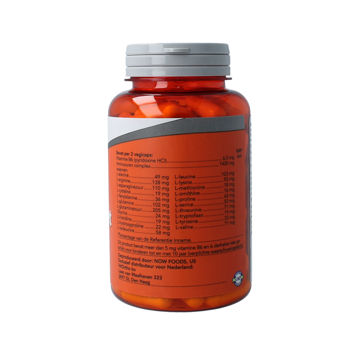 NOW Amino Compleet vegetarian amino acid capsules, 120 count, dietary supplement with essential amino acids, in a clear bottle.