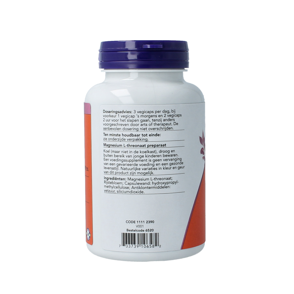 VitOrtho Magtein magnesium L-threonaat vegetarian capsules, mineral supplement in a clear bottle, with 90 capsules visible.