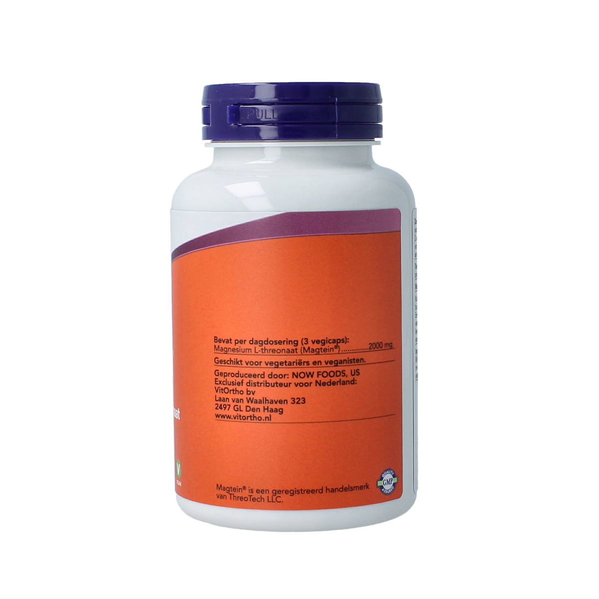 Vegetarian capsules of VitOrtho Magtein magnesium L-threonaat in a clear bottle, showing 90 capsules on the label.