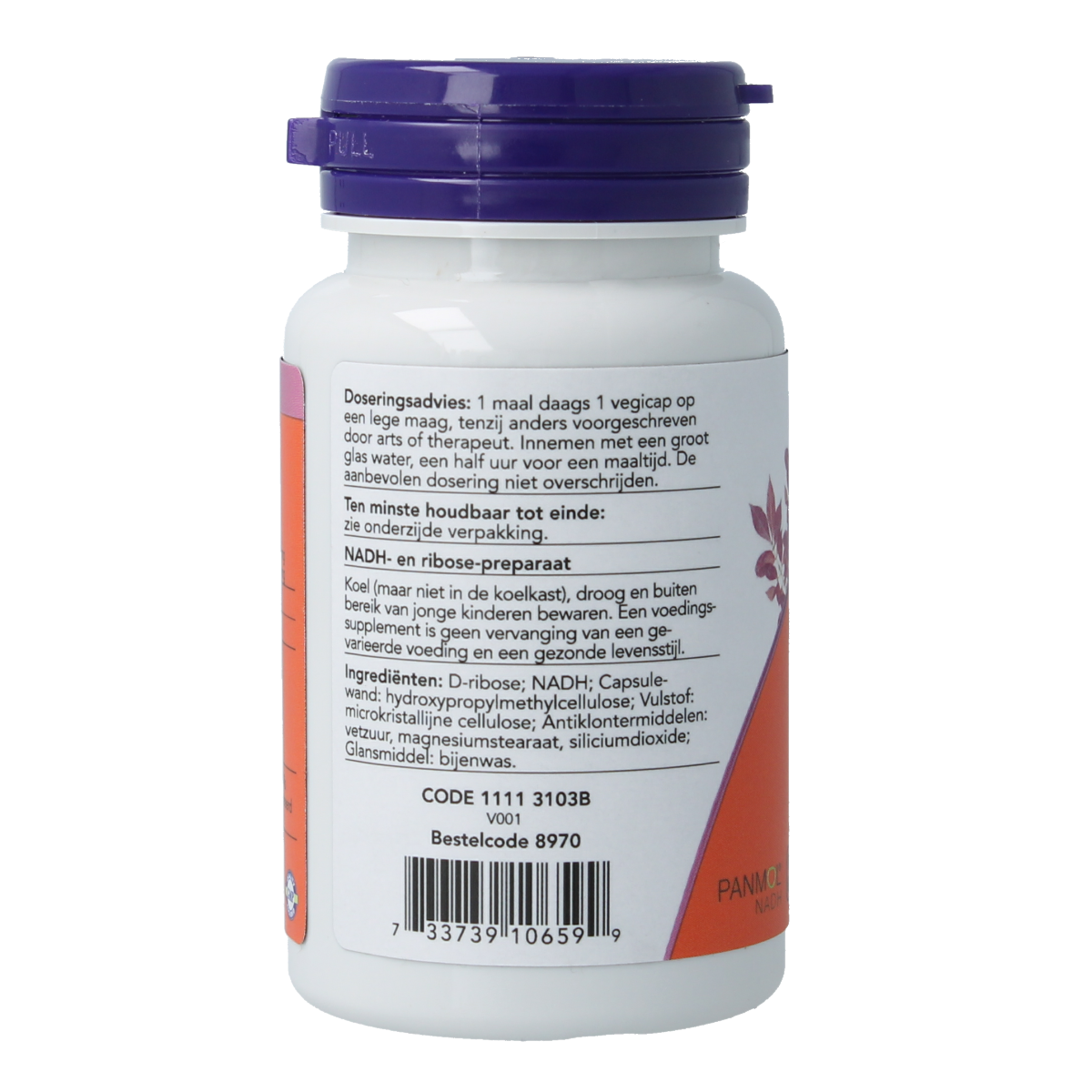 Vegetarian capsules of VitOrtho NADH 10mg supplement, showing the product packaging and capsules in a clear, natural setting.