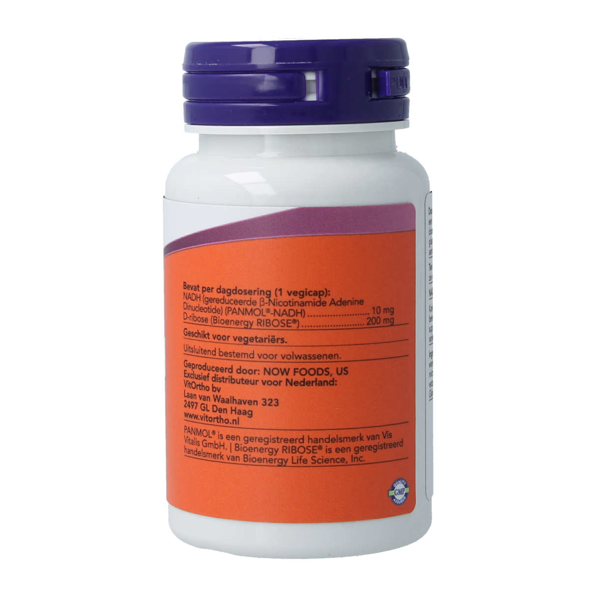 VitOrtho NADH 10mg vegetarian capsules, dietary supplement for energy and mental clarity, displayed in a bottle.