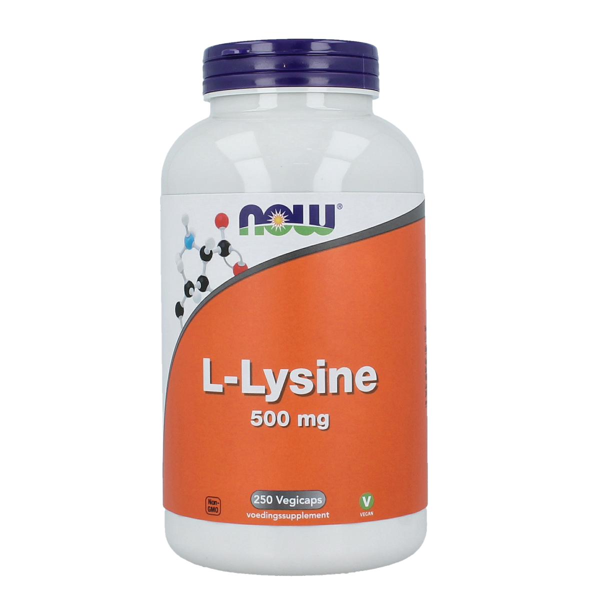 VitOrtho L-Lysine 500mg vegetarian capsules, dietary amino acid supplement, shown in a close-up image.