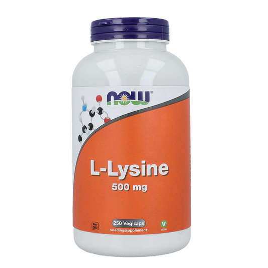 VitOrtho L-Lysine 500mg vegetarian capsules, dietary amino acid supplement, shown in a close-up image.