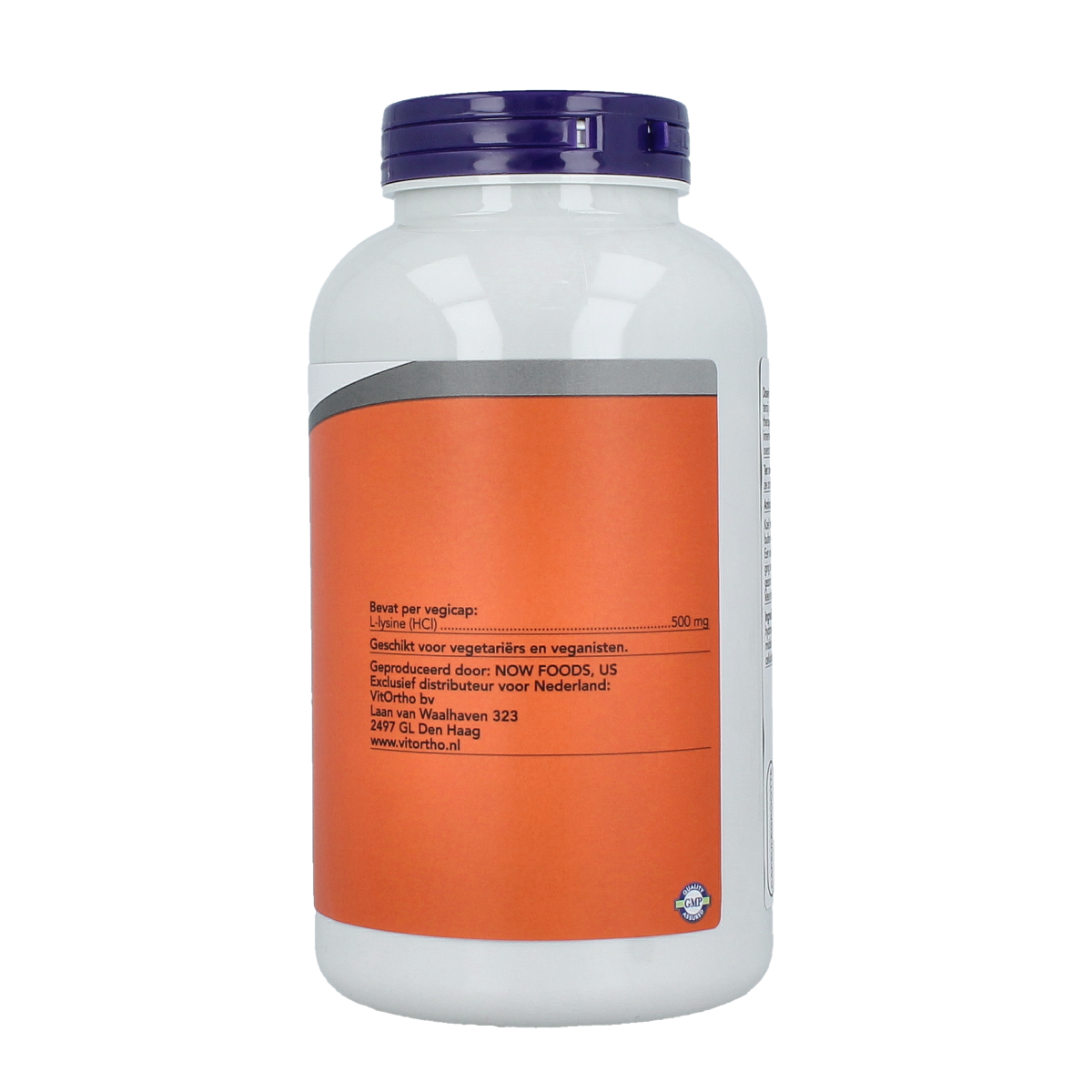 Vegetarian VitOrtho L-Lysine 500mg amino acid capsules, showing the white capsules in a blister pack.