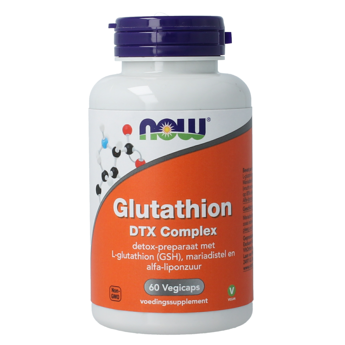 NOW Glutathion DTX complex vegetarian capsules, dietary supplement with herbal ingredients, shown in a clear bottle against a white background.