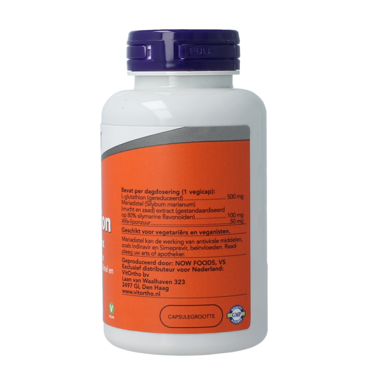 NOW Glutathion DTX complex vegetarian capsules, dietary supplement with herbal ingredients, shown in clear bottle with label.