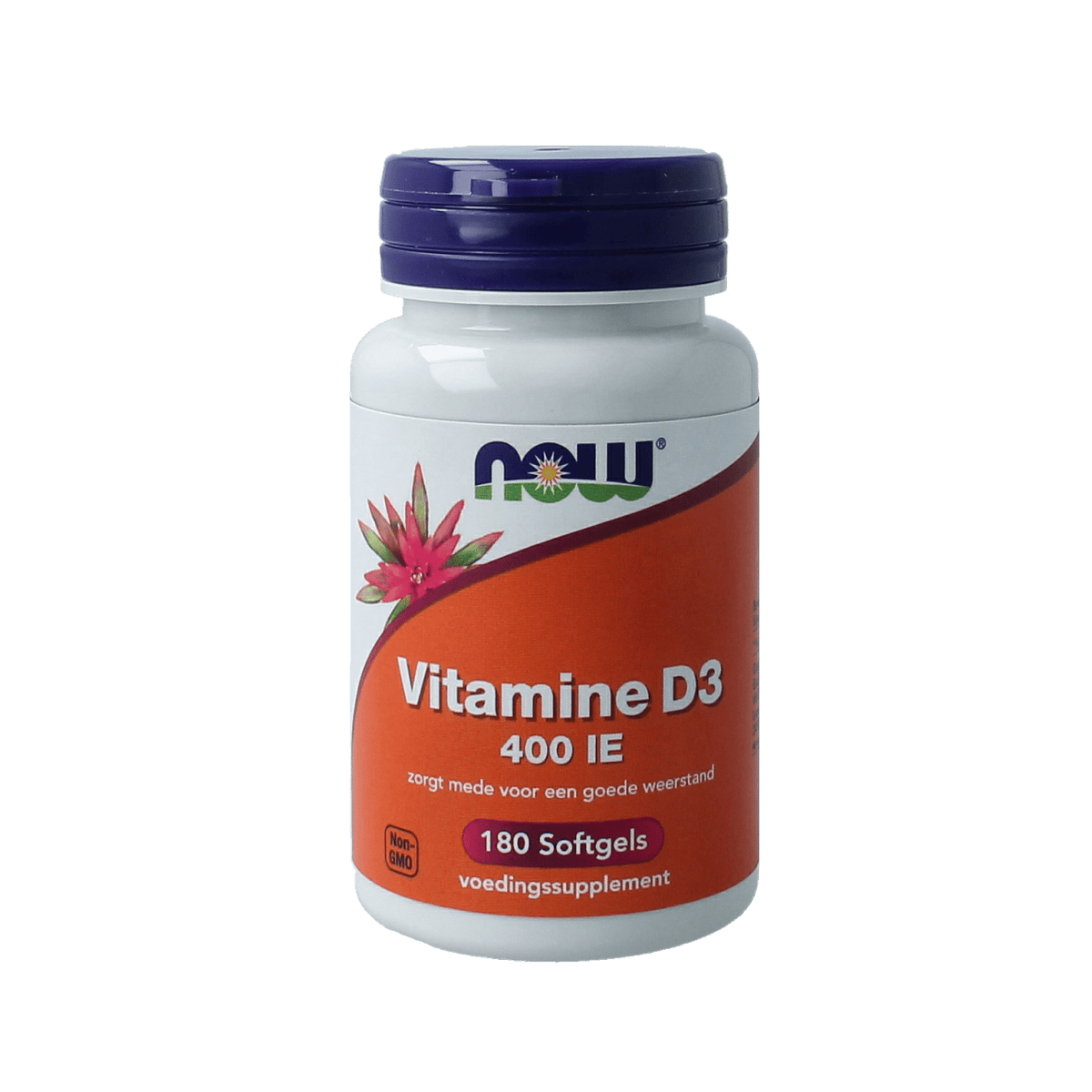 NOW Vitamin D3 400IU softgels, a dietary supplement with 180 softgels, shown in a bottle with label.