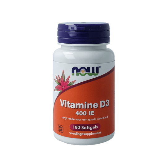 NOW Vitamin D3 400IU softgels, a dietary supplement with 180 softgels, shown in a bottle with label.