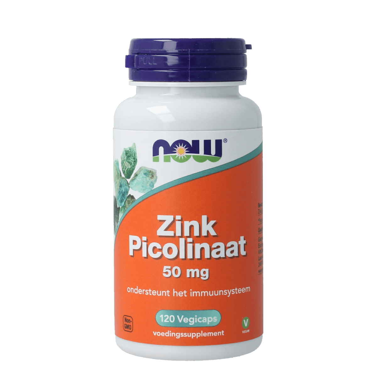 Vegetarian NOW Zink Picolinaat 50mg capsules in a bottle, dietary supplement for zinc intake with 120 capsules.