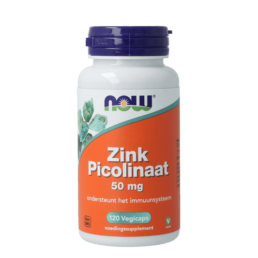 Vegetarian NOW Zink Picolinaat 50mg capsules in a bottle, dietary supplement for zinc intake with 120 capsules.