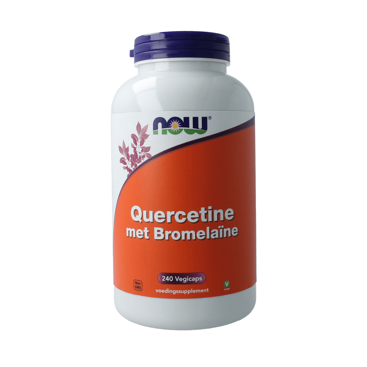 NOW Quercetine with bromelain vegetarian capsules, herbal supplement in a clear bottle with capsules visible inside.
