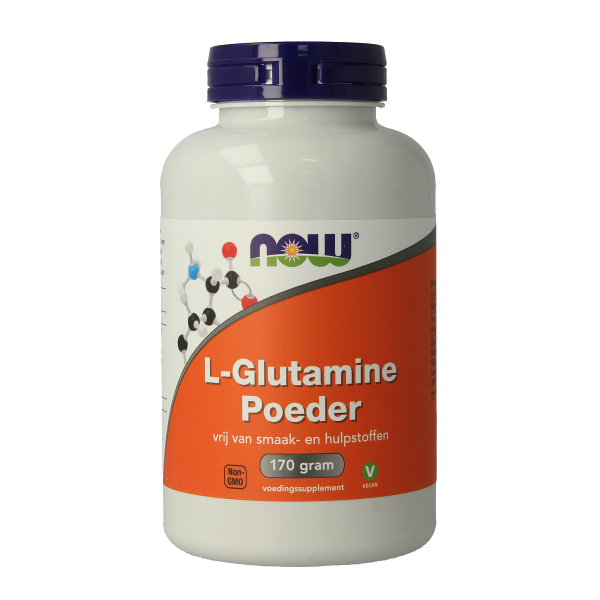 Container of NOW L-Glutamine powder supplement in a 170g jar, featuring the NOW brand label and product information.